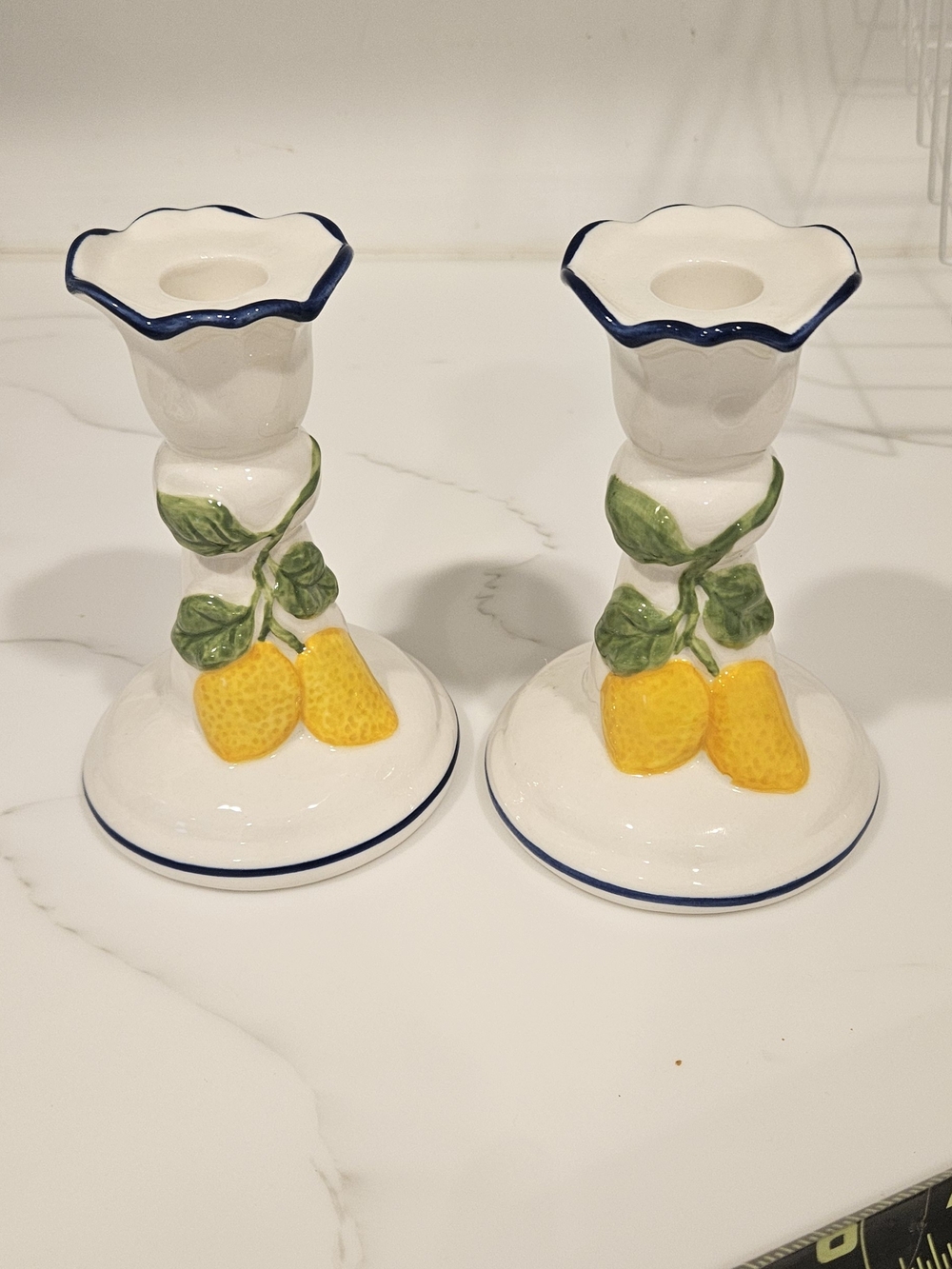Ceramic Lemon Decorative Candle Holders - White and Yellow Trimmed In Blue
